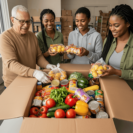 Volunteers packing a food box