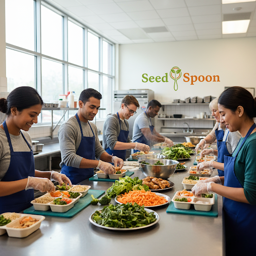 Volunteers cooking meals in commercial kitchen