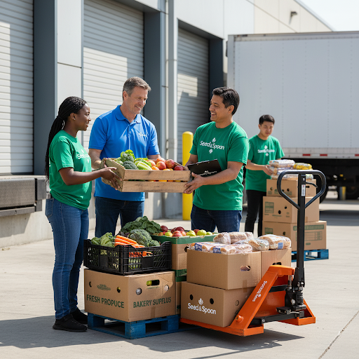 Volunteers sorting pantry boxes at a partner site
