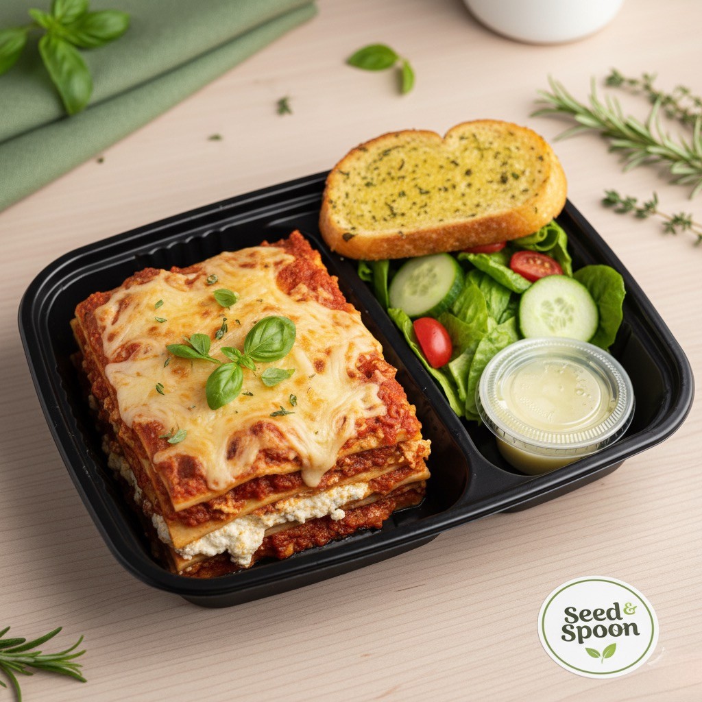 Lasagna meal with garlic bread and salad