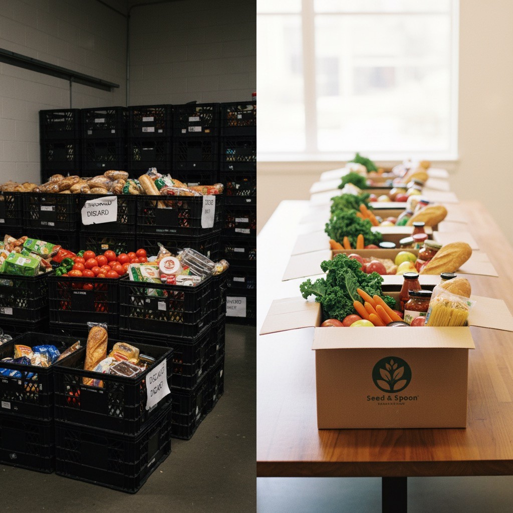 Surplus food rescued by Seed & Spoon organized into boxes ready for distribution to families